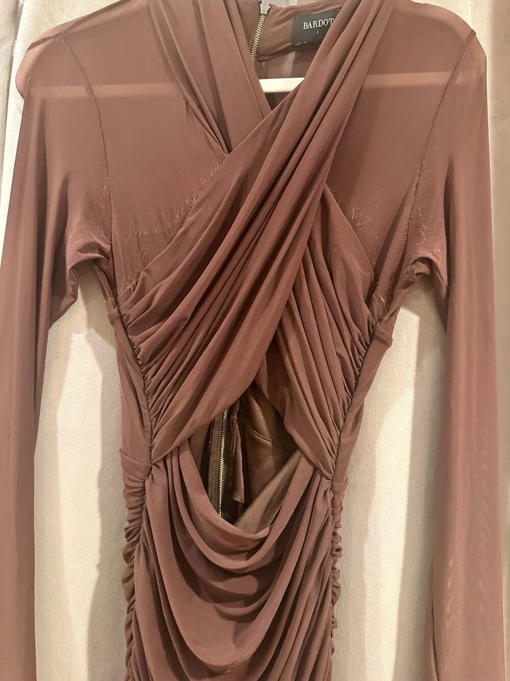 Bardot Brown Mesh Ruched Long Sleeve Midi Dress Size L - Picture 5 of 8